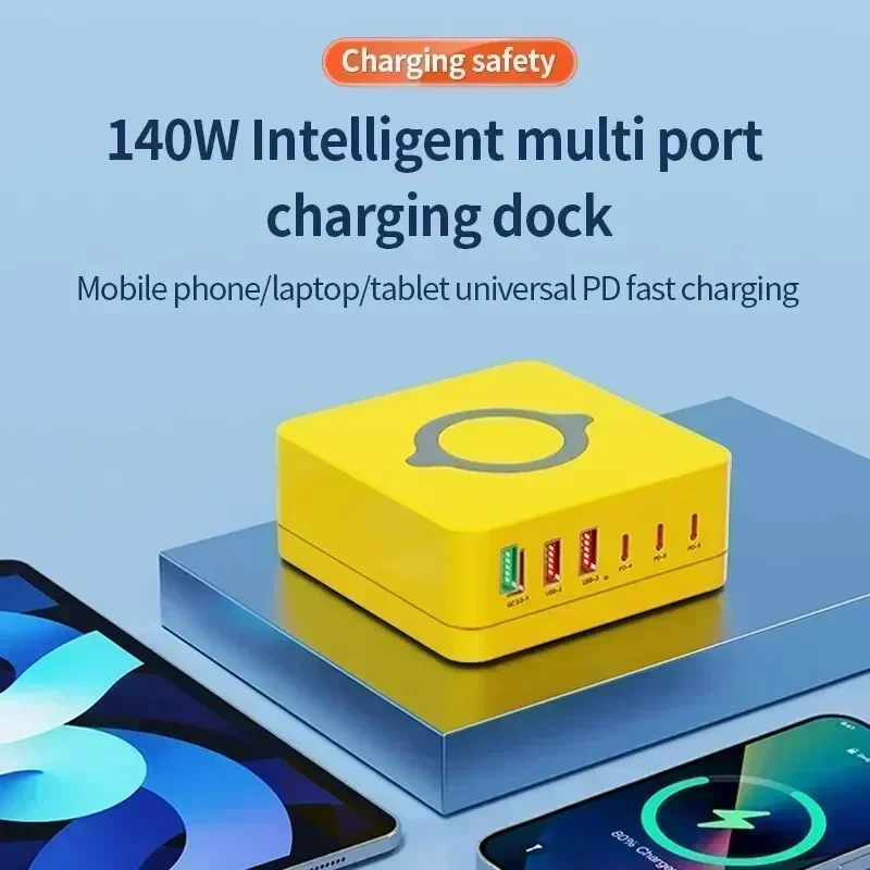 140W GAN Charger หลายพอร์ตเดสก์ท็อปไร้สาย USB ประเภท C 100W PPS PD 65W QC Fast CHARGING Station สําหรับแล็ปท็อปแท็บเล็ตโทรศัพท์