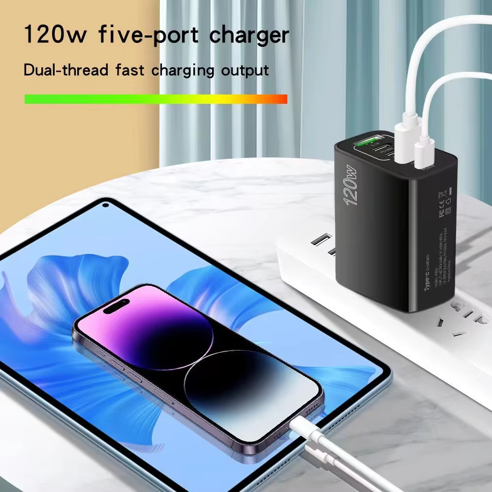 120W 5 in 1 2 USB 3 ประเภท C ชาร์จ Fast Wall Charger สําหรับ iPhone Samsung Xiaomi Huawei Oppo อะแดปเตอร์โทรศัพท์มือถือ