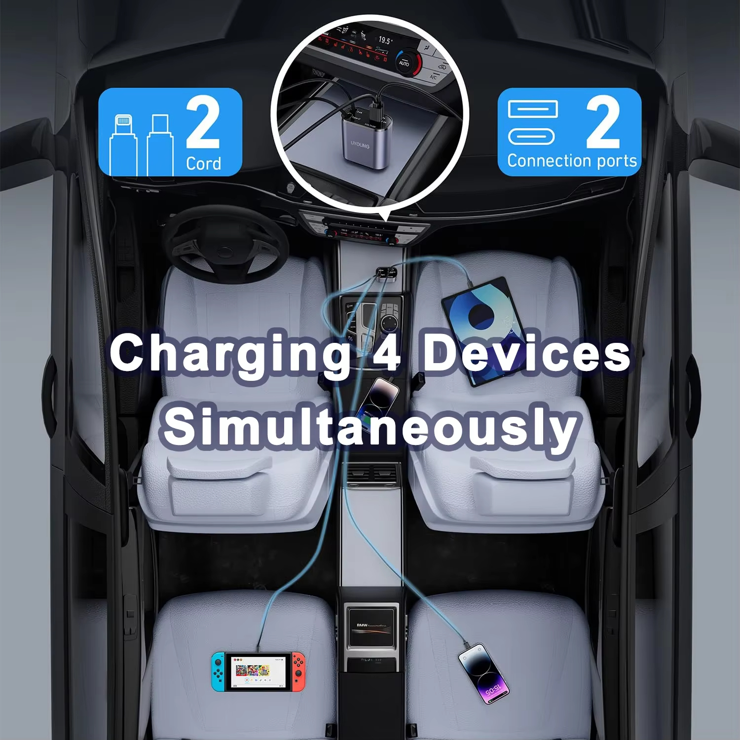 120W 4 in 1 ที่ชาร์จในรถแบบยืดหดได้สาย USB PD Type C สำหรับ iPhone สายชาร์จเร็วอะแดปเตอร์ QC ที่จุดบุหรี่ 1 ที่ชาร์จในรถยนต์แบบหดได้ สายชาร์จเร็วสำหรับ พร้อมที่จุดบุหรี่ Adapter
