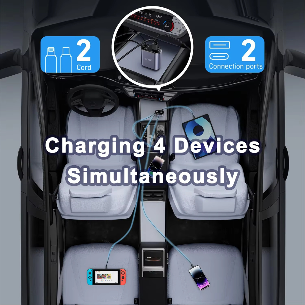 120W 4 in 1 ที่ชาร์จในรถแบบยืดหดได้สาย USB PD Type C สำหรับ iPhone สายชาร์จเร็วอะแดปเตอร์ QC ที่จุดบุหรี่ 1 ที่ชาร์จในรถยนต์แบบหดได้ สายชาร์จเร็วสำหรับ พร้อมที่จุดบุหรี่ Adapter