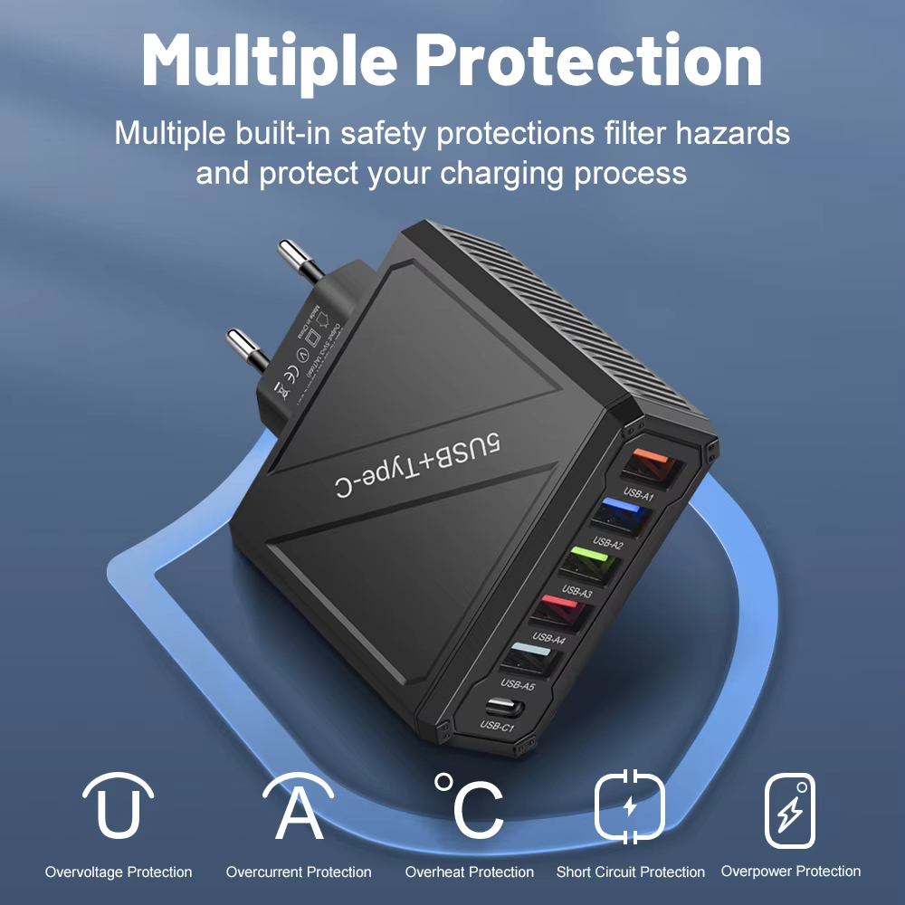 65W 5 พอร์ต USB Charger PD อะแดปเตอร์ชาร์จสําหรับ Xiaomi iPhone Samsung Vivo โทรศัพท์มือถือปลั๊กชาร์จ QC 3.0 Wall Charger