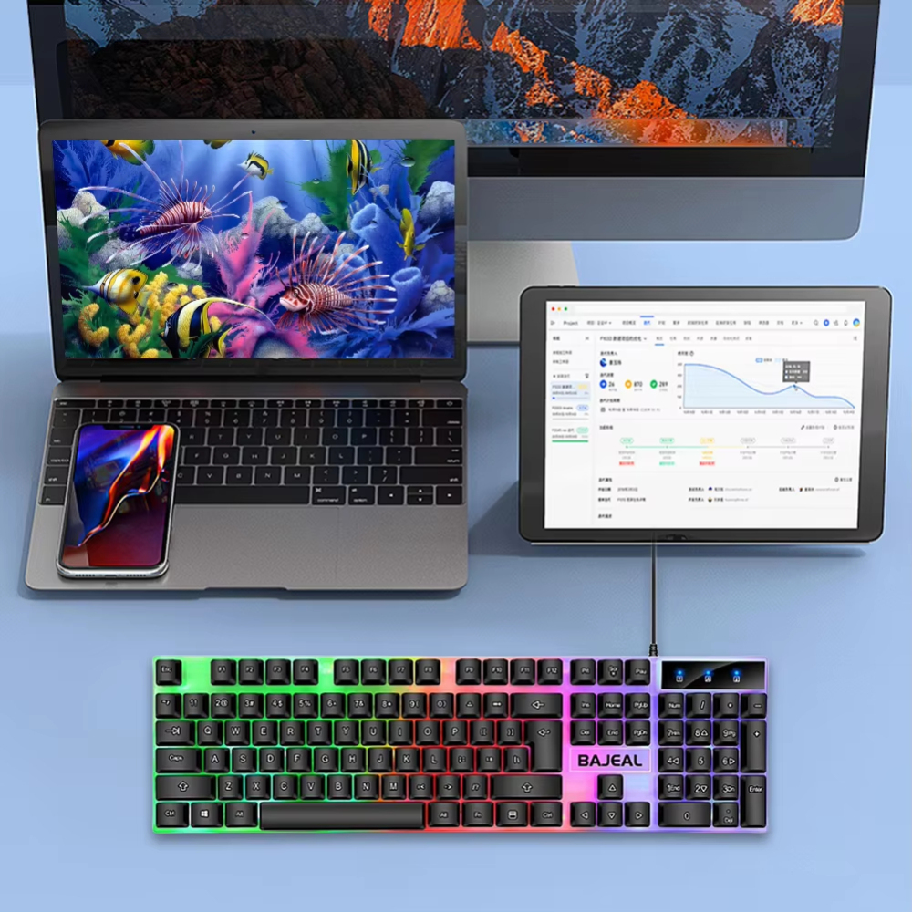 คีย์บอร์ดกลไก Keyboard Gaming RGB 98ปุ่มสายเคเบิล USB ยาว1.5ม. คีย์บอร์ดแบบมีสายเจ็ดสีสำหรับนักเล่นเกมคอมพิวเตอร์แล็ปท็อป
