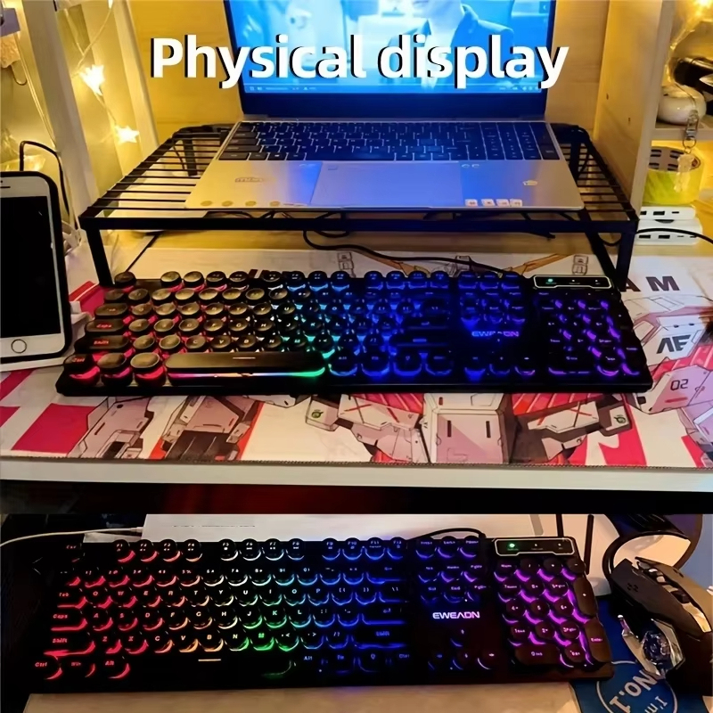EWEADN GX330 เครื่องพิมพ์ดีดคีย์บอร์ดเกม, 104 คีย์แบบมีสาย Retro Punk Round Keycaps, พร้อม RGB Backlit, สําหรับแล็ปท็อป Windows PC สีดํา