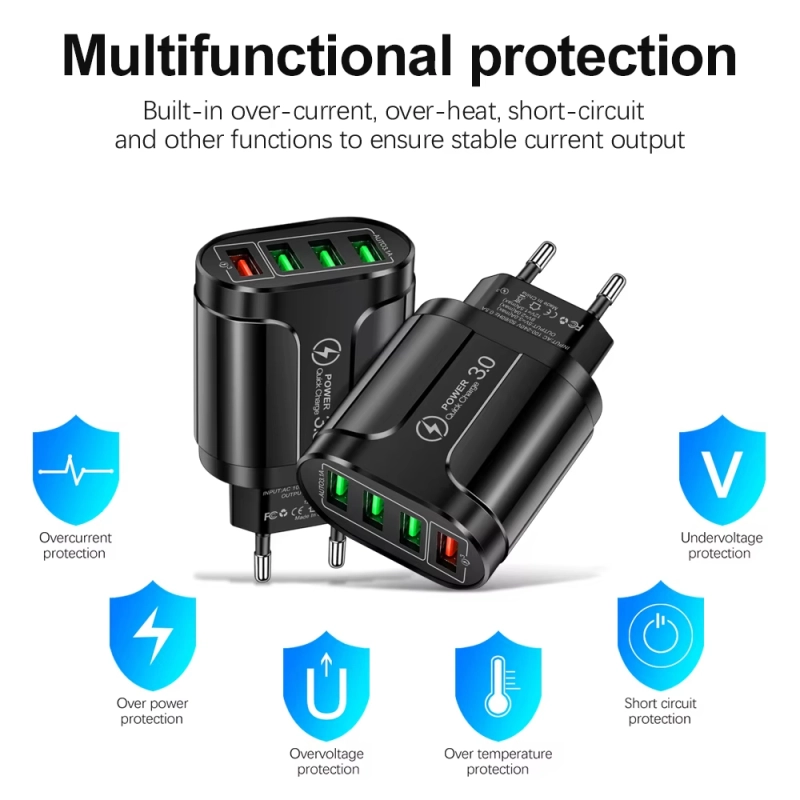 4 USB 45W USB ชาร์จเร็ว QC 3.0ผนังชาร์จเร็วสำหรับ iPhone 15 14 Samsung Xiaomi Mobile 4พอร์ต EU US ปลั๊กอะแดปเตอร์เดินทาง