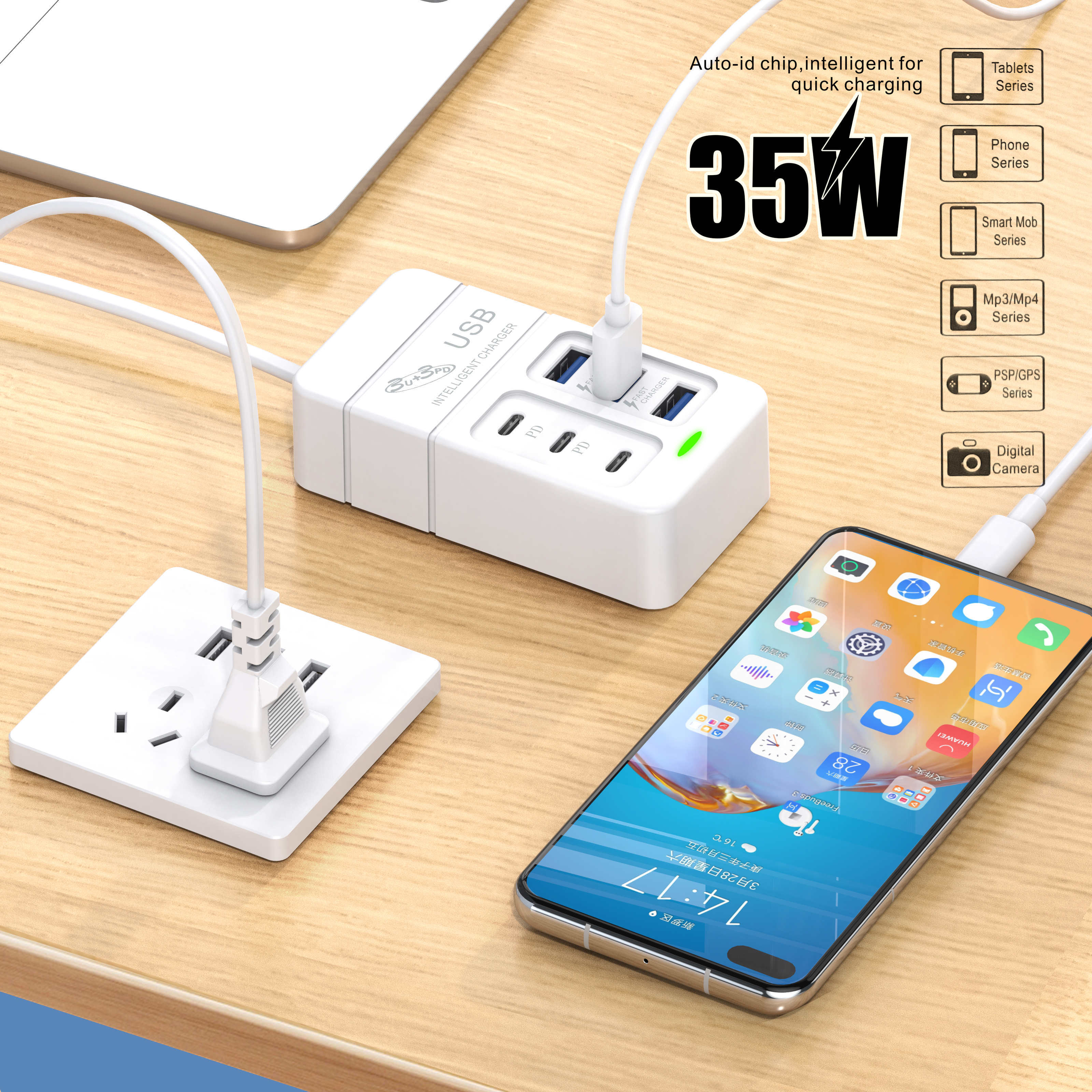 6-In-1 USB Charger 35W PDประเภทC Fast Charge Chargerผนังอะแดปเตอร์โทรศัพท์Quick Charger 3.0 USB Hub EU US Plug 3 USB + 3 PD Charger
