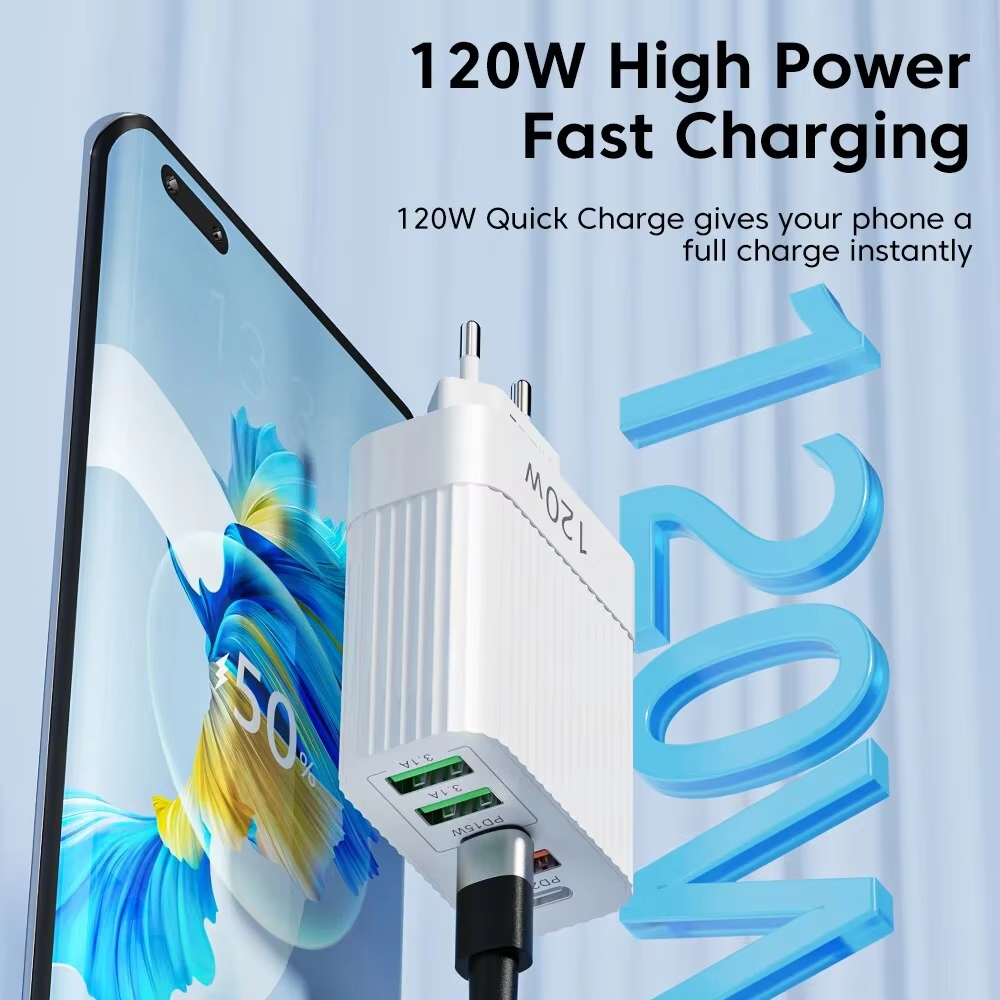 120W Fast Charger หัว Ultra Charger 5 พอร์ต 3 USB 2 ประเภท C PD 20W Charger Quick ความเร็วสูงชาร์จสําหรับ iPhone Xiaomi samsung