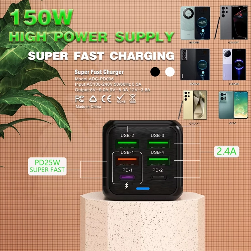 150W 6 PD 4.0 USB C อะแดปเตอร์ชาร์จเร็วสุดๆสำหรับ iPhone Samsung iPad Xiaomi Huawei OnePlus OPPO
