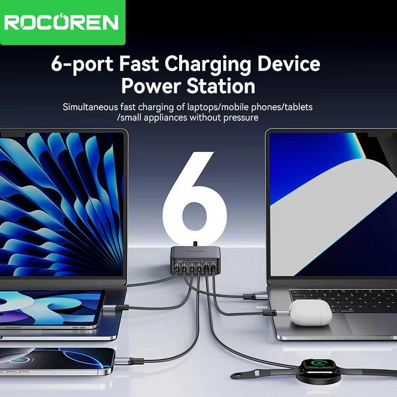 Rocoren 200W 6 พอร์ต GaN Fast Charger Desktop Charger แบบพกพา Power Station USB Type C สําหรับ iPhone 16 15 pro Max samsung
