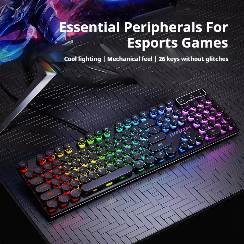 EWEADN GX330 เครื่องพิมพ์ดีดคีย์บอร์ดเกม, 104 คีย์แบบมีสาย Retro Punk Round Keycaps, พร้อม RGB Backlit, สําหรับแล็ปท็อป Windows PC สีดํา
