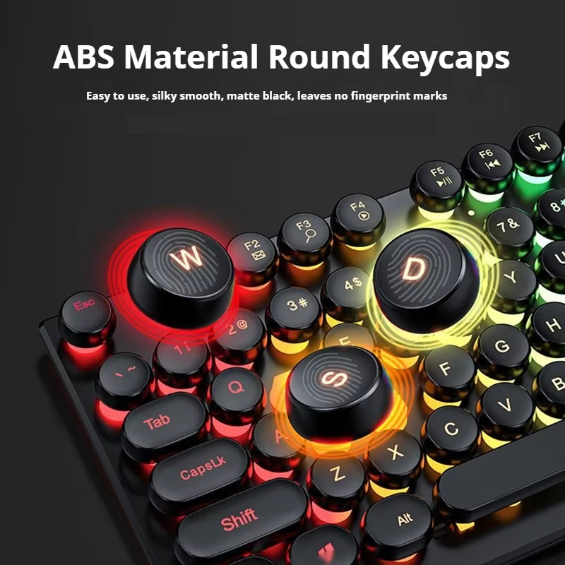EWEADN GX330 เครื่องพิมพ์ดีดคีย์บอร์ดเกม, 104 คีย์แบบมีสาย Retro Punk Round Keycaps, พร้อม RGB Backlit, สําหรับแล็ปท็อป Windows PC สีดํา