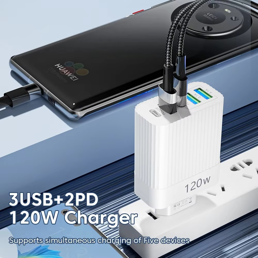 120W Fast Charger หัว Ultra Charger 5 พอร์ต 3 USB 2 ประเภท C PD 20W Charger Quick ความเร็วสูงชาร์จสําหรับ iPhone Xiaomi samsung