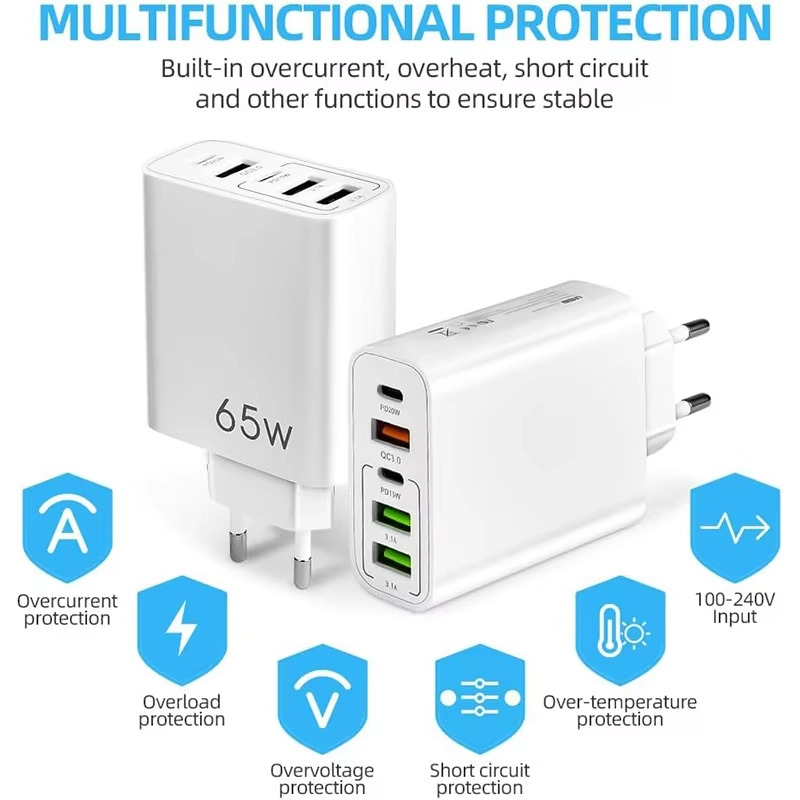 UYUXIO 65W Fast CHARGING Wall Adapter 5 in 1 พอร์ต USB C ชาร์จโทรศัพท์สําหรับ iPhone 16 15 PRO MAX PLUS Samsung iPad โทรศัพท์ทั้งหมด