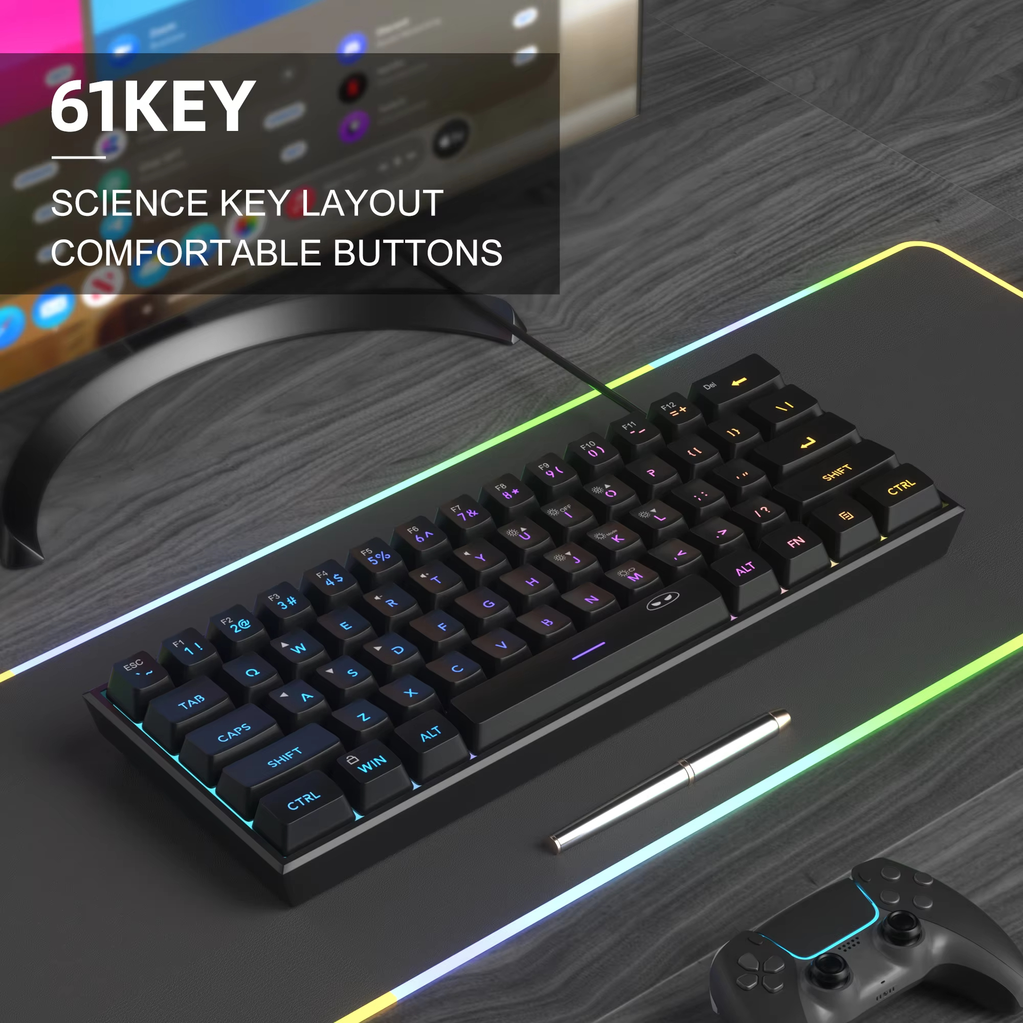 MageGee Mini 60% คีย์บอร์ดเกม, RGB Backlit 61 คีย์คีย์บอร์ดขนาดกะทัดรัดพิเศษ, TS91 Ergonomic กันน้ํา Mechanical Feeling Office