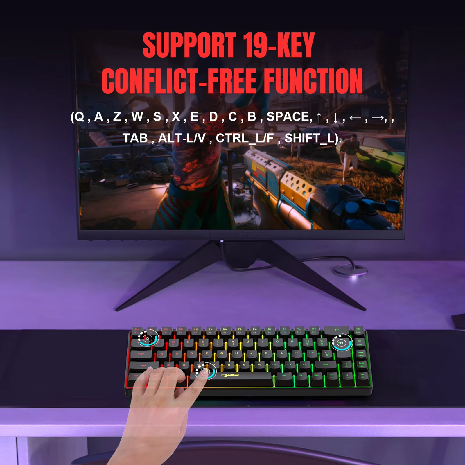 Hxsj คีย์บอร์ดสำหรับเล่นเกมขนาดเล็กแบบมีสาย K68 RGB สตรีมเมมเบรน19ปุ่ม V200ความขัดแย้งฟรีแต่ให้ความรู้สึกเชิงกลสำหรับเกม/สำนักงาน