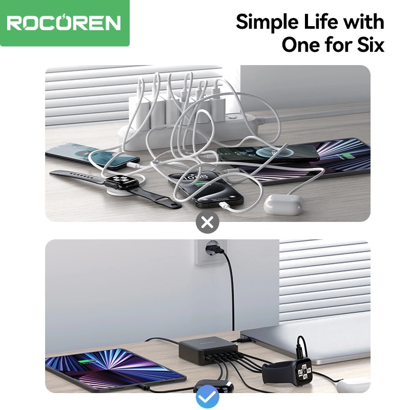 Rocoren ที่ชาร์จ USB แบบ6 in 1, ที่ชาร์จ USB Type C ที่ชาร์จแบบเร็ว PD QC ชาร์จเร็ว PD สำหรับ iPhone 16 15 14 PRO MAX