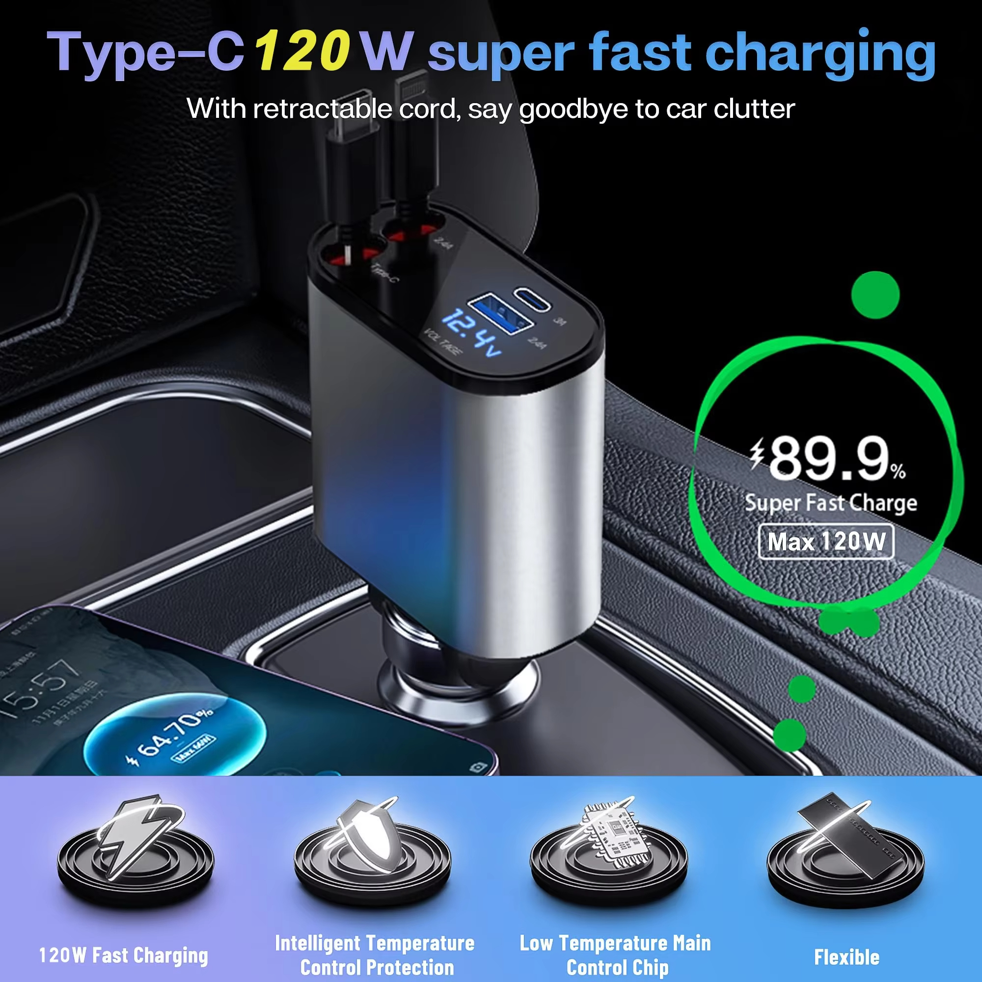 120W 4 in 1 ที่ชาร์จในรถแบบยืดหดได้สาย USB PD Type C สำหรับ iPhone สายชาร์จเร็วอะแดปเตอร์ QC ที่จุดบุหรี่ 1 ที่ชาร์จในรถยนต์แบบหดได้ สายชาร์จเร็วสำหรับ พร้อมที่จุดบุหรี่ Adapter