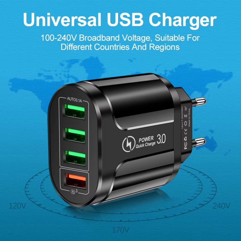 4 USB 45W USB ชาร์จเร็ว QC 3.0ผนังชาร์จเร็วสำหรับ iPhone 15 14 Samsung Xiaomi Mobile 4พอร์ต EU US ปลั๊กอะแดปเตอร์เดินทาง