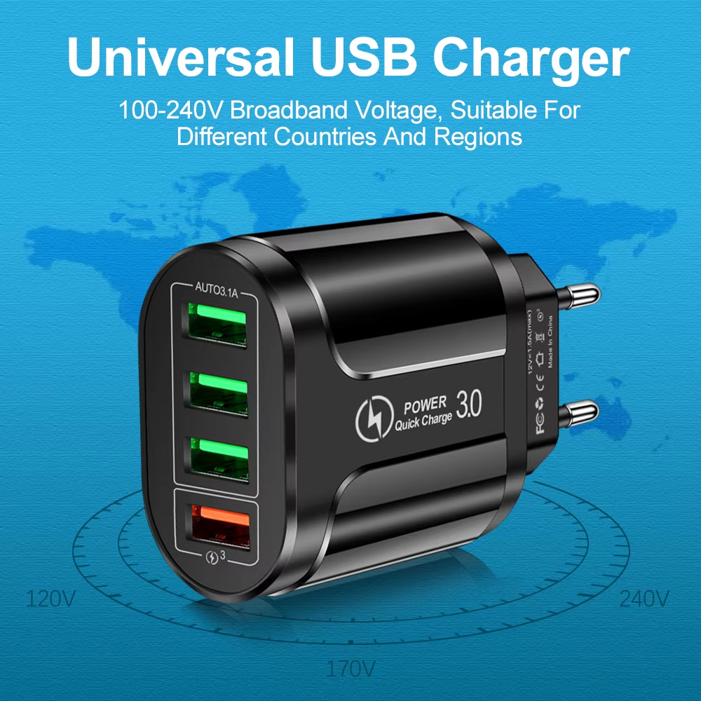4 USB 45W USB ชาร์จเร็ว QC 3.0ผนังชาร์จเร็วสำหรับ iPhone 15 14 Samsung Xiaomi Mobile 4พอร์ต EU US ปลั๊กอะแดปเตอร์เดินทาง