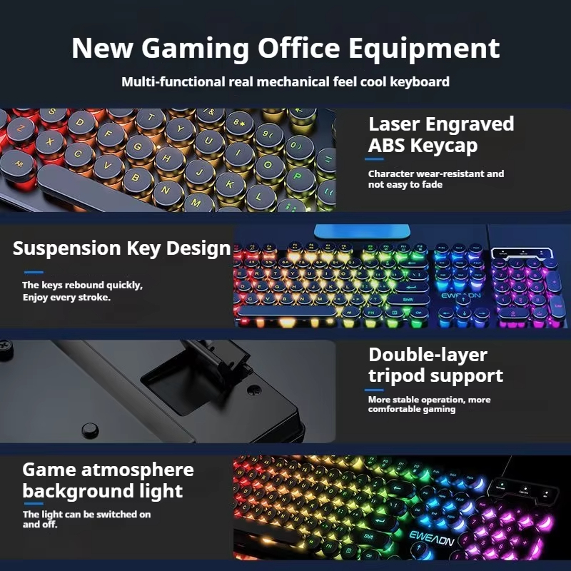 EWEADN GX330 เครื่องพิมพ์ดีดคีย์บอร์ดเกม, 104 คีย์แบบมีสาย Retro Punk Round Keycaps, พร้อม RGB Backlit, สําหรับแล็ปท็อป Windows PC สีดํา