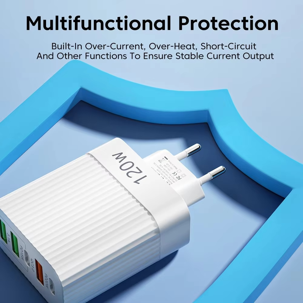 120W Fast Charger หัว Ultra Charger 5 พอร์ต 3 USB 2 ประเภท C PD 20W Charger Quick ความเร็วสูงชาร์จสําหรับ iPhone Xiaomi samsung