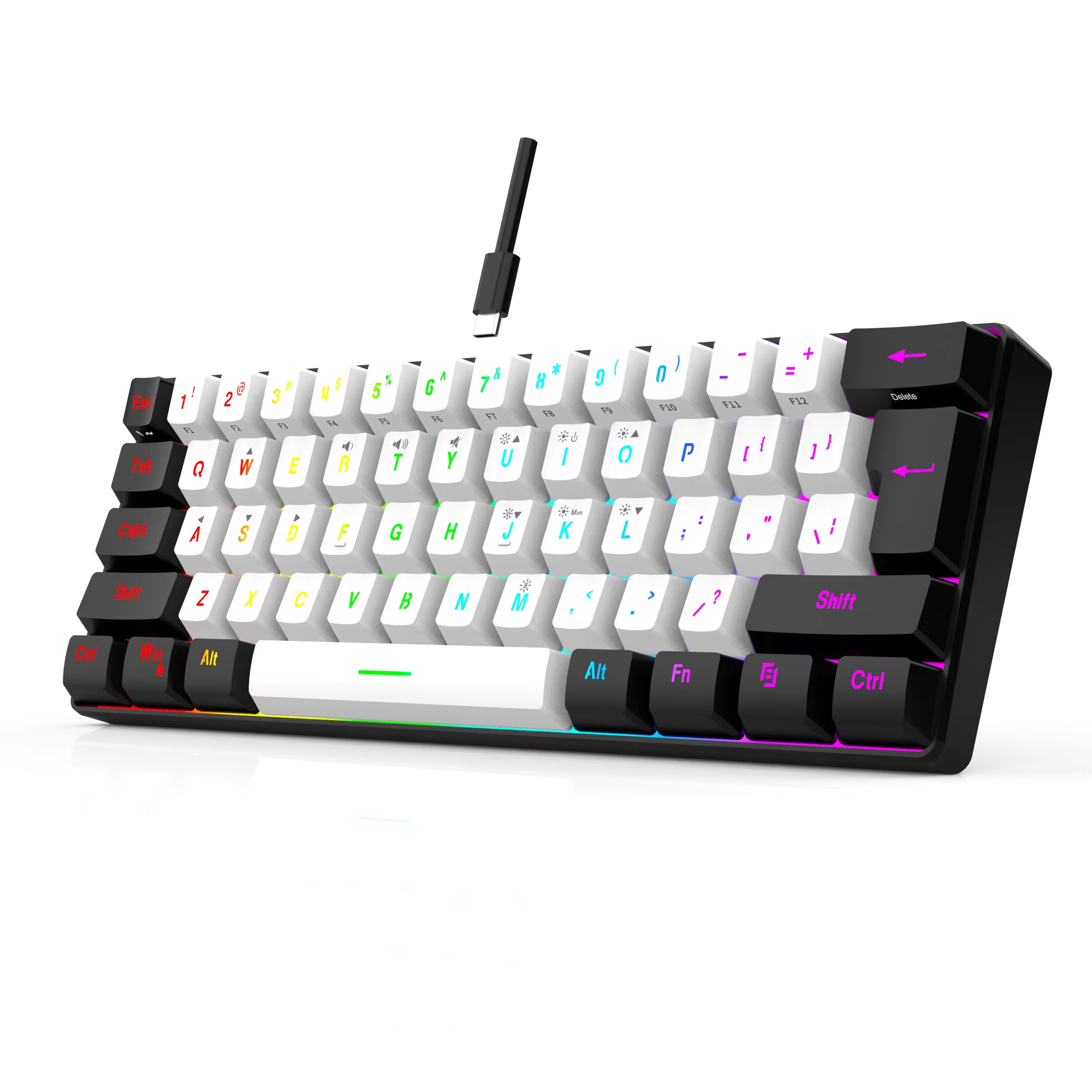 คีย์บอร์ดเกมแบบมีสาย 60%, คีย์บอร์ดขนาดเล็กกะทัดรัดพิเศษแสงพื้นหลัง RGB, คีย์บอร์ด 61 คีย์ขนาดเล็กกันน้ําสําหรับนักเล่นเกมพีซี/Mac