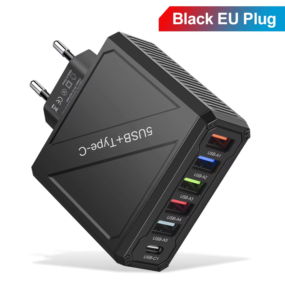 65W 5 พอร์ต USB Charger PD อะแดปเตอร์ชาร์จสําหรับ Xiaomi iPhone Samsung Vivo โทรศัพท์มือถือปลั๊กชาร์จ QC 3.0 Wall Charger