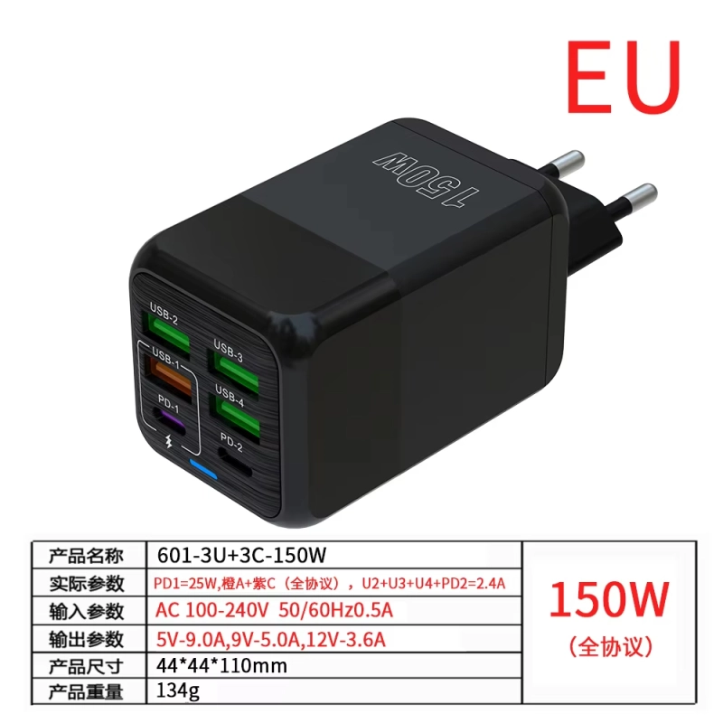 150W 6 PD 4.0 USB C อะแดปเตอร์ชาร์จเร็วสุดๆสำหรับ iPhone Samsung iPad Xiaomi Huawei OnePlus OPPO