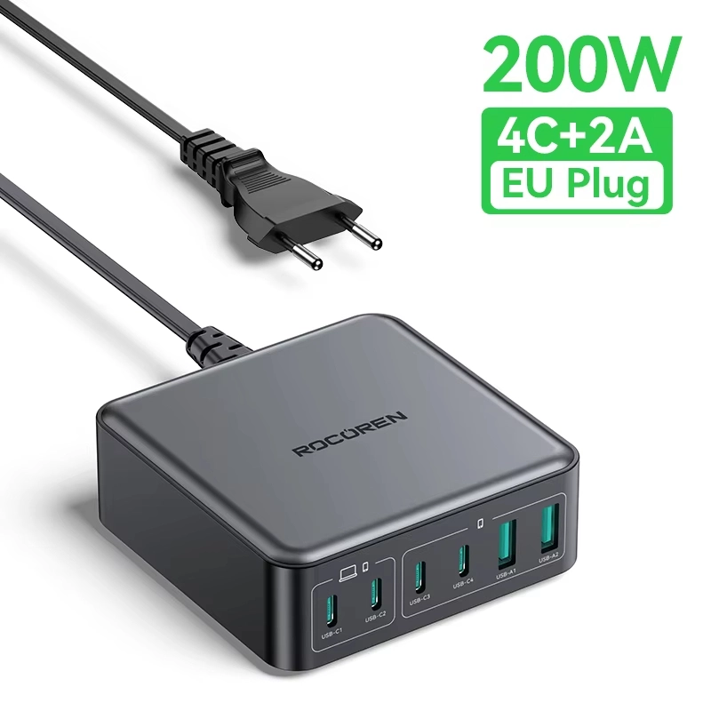 Rocoren 200W 6 พอร์ต GaN Fast Charger Desktop Charger แบบพกพา Power Station USB Type C สําหรับ iPhone 16 15 pro Max samsung