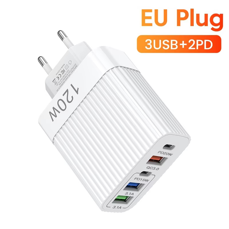 120W Fast Charger หัว Ultra Charger 5 พอร์ต 3 USB 2 ประเภท C PD 20W Charger Quick ความเร็วสูงชาร์จสําหรับ iPhone Xiaomi samsung