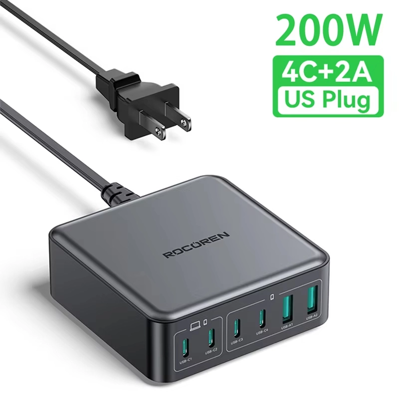 Rocoren 200W 6 พอร์ต GaN Fast Charger Desktop Charger แบบพกพา Power Station USB Type C สําหรับ iPhone 16 15 pro Max samsung