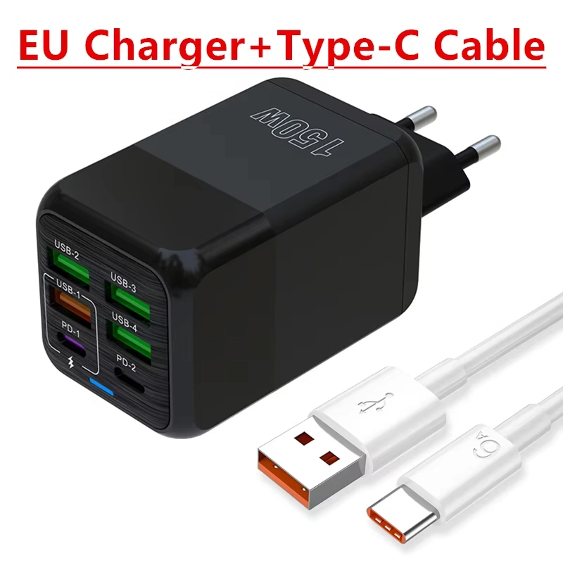 150W 6 PD 4.0 USB C อะแดปเตอร์ชาร์จเร็วสุดๆสำหรับ iPhone Samsung iPad Xiaomi Huawei OnePlus OPPO
