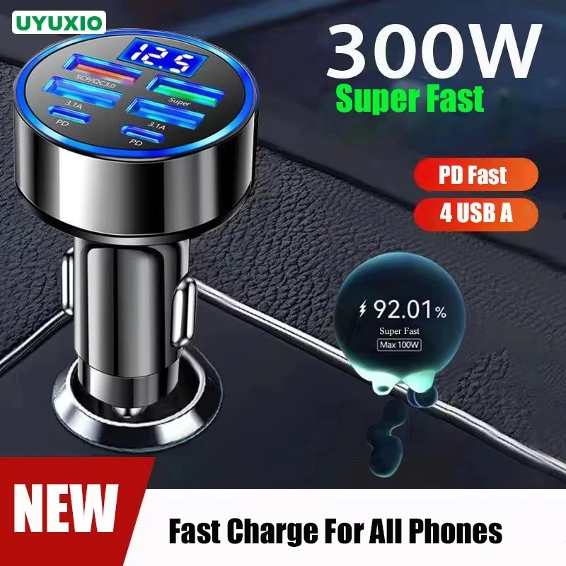 อะแดปเตอร์ชาร์จโทรศัพท์ในรถยนต์ Uyuxio USB C 6ใน1คู่ PD ชาร์จเร็วสุดในรถพร้อมจอแสดงผลแรงดันไฟฟ้าสำหรับ iPhone Samsung OPPO