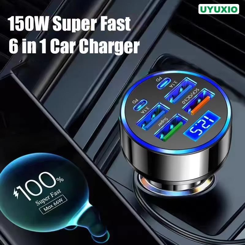 อะแดปเตอร์ชาร์จโทรศัพท์ในรถยนต์ Uyuxio USB C 6ใน1คู่ PD ชาร์จเร็วสุดในรถพร้อมจอแสดงผลแรงดันไฟฟ้าสำหรับ iPhone Samsung OPPO
