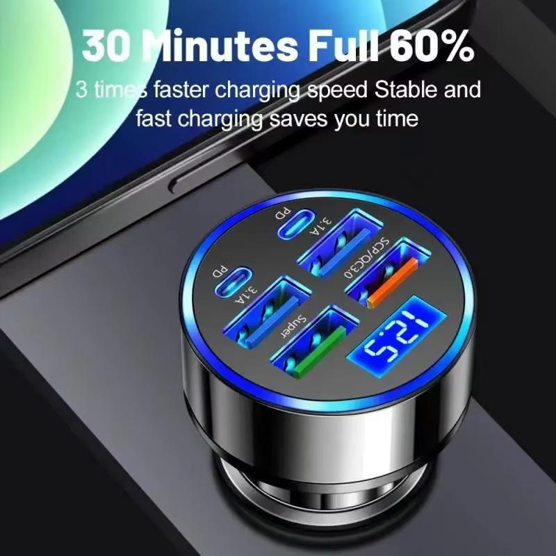 อะแดปเตอร์ชาร์จโทรศัพท์ในรถยนต์ Uyuxio USB C 6ใน1คู่ PD ชาร์จเร็วสุดในรถพร้อมจอแสดงผลแรงดันไฟฟ้าสำหรับ iPhone Samsung OPPO