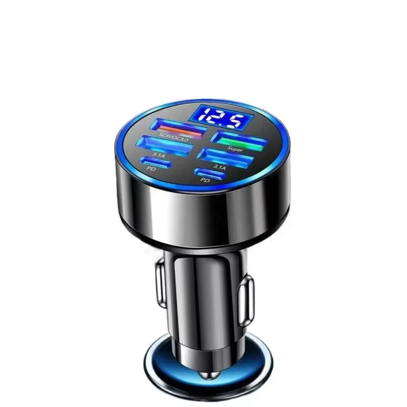อะแดปเตอร์ชาร์จโทรศัพท์ในรถยนต์ Uyuxio USB C 6ใน1คู่ PD ชาร์จเร็วสุดในรถพร้อมจอแสดงผลแรงดันไฟฟ้าสำหรับ iPhone Samsung OPPO