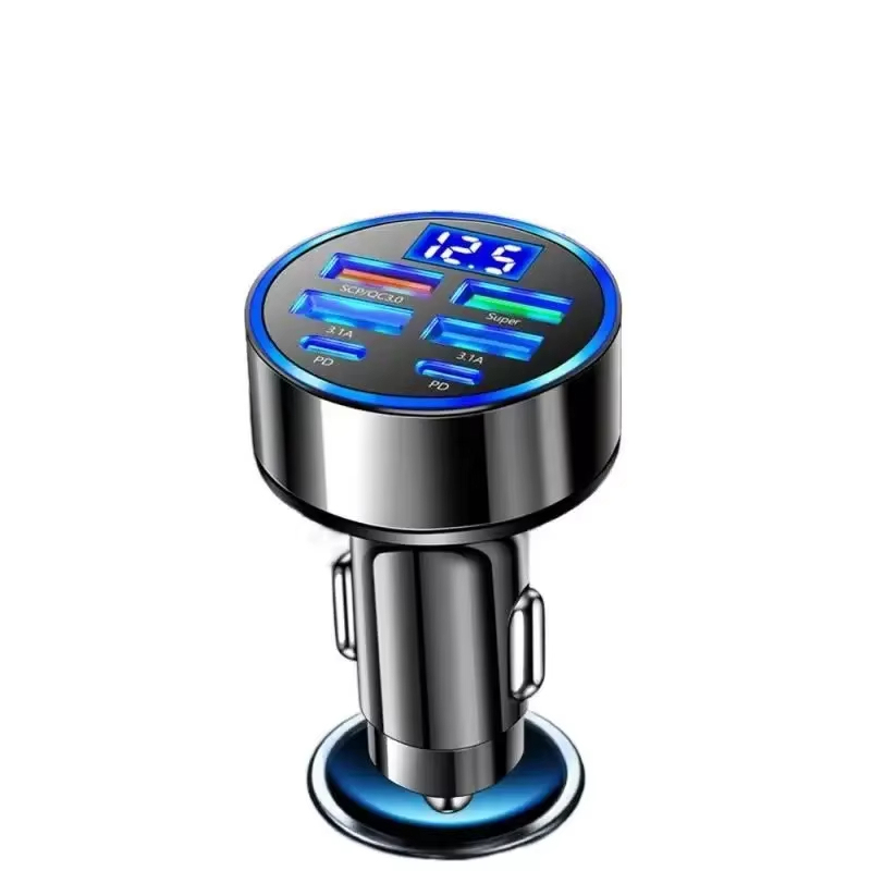 อะแดปเตอร์ชาร์จโทรศัพท์ในรถยนต์ Uyuxio USB C 6ใน1คู่ PD ชาร์จเร็วสุดในรถพร้อมจอแสดงผลแรงดันไฟฟ้าสำหรับ iPhone Samsung OPPO