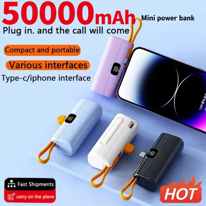 พาวเวอร์แบงค์ขนาดเล็ก50000MAH ใหม่ที่สร้างขึ้นในตัวสายพาวเวอร์แบงค์จอแสดงผลดิจิตอลแบตเตอรี่ภายนอกชาร์จแบบพกพาสำหรับ iPhone Samsung
