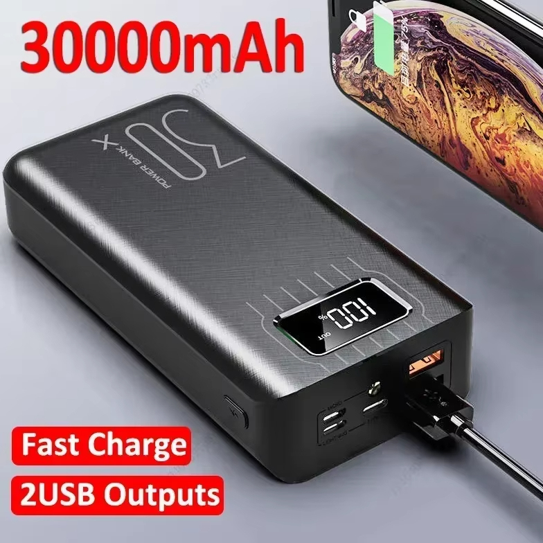 ที่ชาร์จแบตสำรองแบบพกพาขนาด30000มิลลิแอมป์ต่อชั่วโมง2.1A หน้าจอดิจิตอลชุดแบตเตอรี่ภายนอกไฟฉายสำหรับ Xiaomi iPhone
