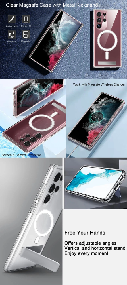 เคสโทรศัพท์แม่เหล็กกันกระแทกพร้อมขาตั้งสำหรับ Samsung Galaxy S24 S24อัลตร้า S24พลัส S23 S22อัลตร้าพลัส +