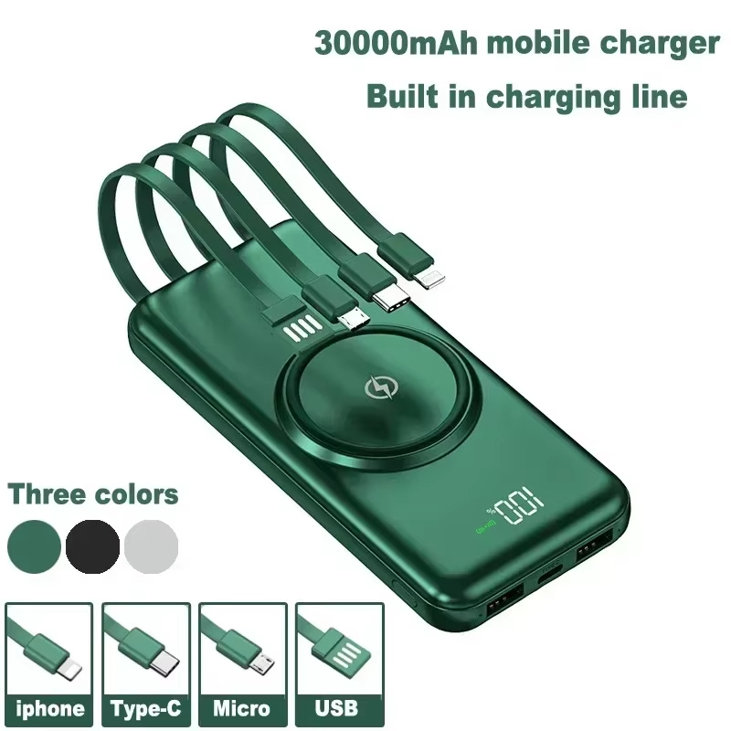 พาวเวอร์แบงค์ไร้สายแบบพกพาขนาด30000มิลลิแอมป์ชั่วโมงชาร์จเร็วแบตเตอรี่ภายนอกจอแสดงผลดิจิตอลสายในตัวสำหรับ iPhone Samsung