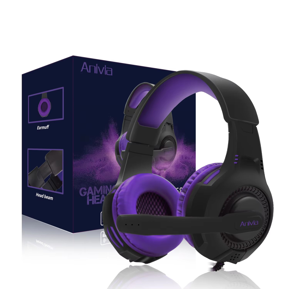 Headphone GAMING แบบมีสายพร้อมไมโครโฟนแยกเสียงรบกวนควบคุมระดับเสียงวิดีโอเกมเพลงดีเจสำหรับพีซี PS4กล่อง PS5 AH68 xivia