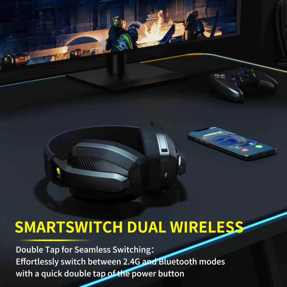 Binnune หูฟังเกมไร้สาย2.4กิกะเฮิร์ตซ์พร้อมไมค์สำหรับ PS5 PS4พีซี Mac Headset GAMING Bluetooth หูฟังเกมเพลย์สเตชันพร้อมไมโครโฟน