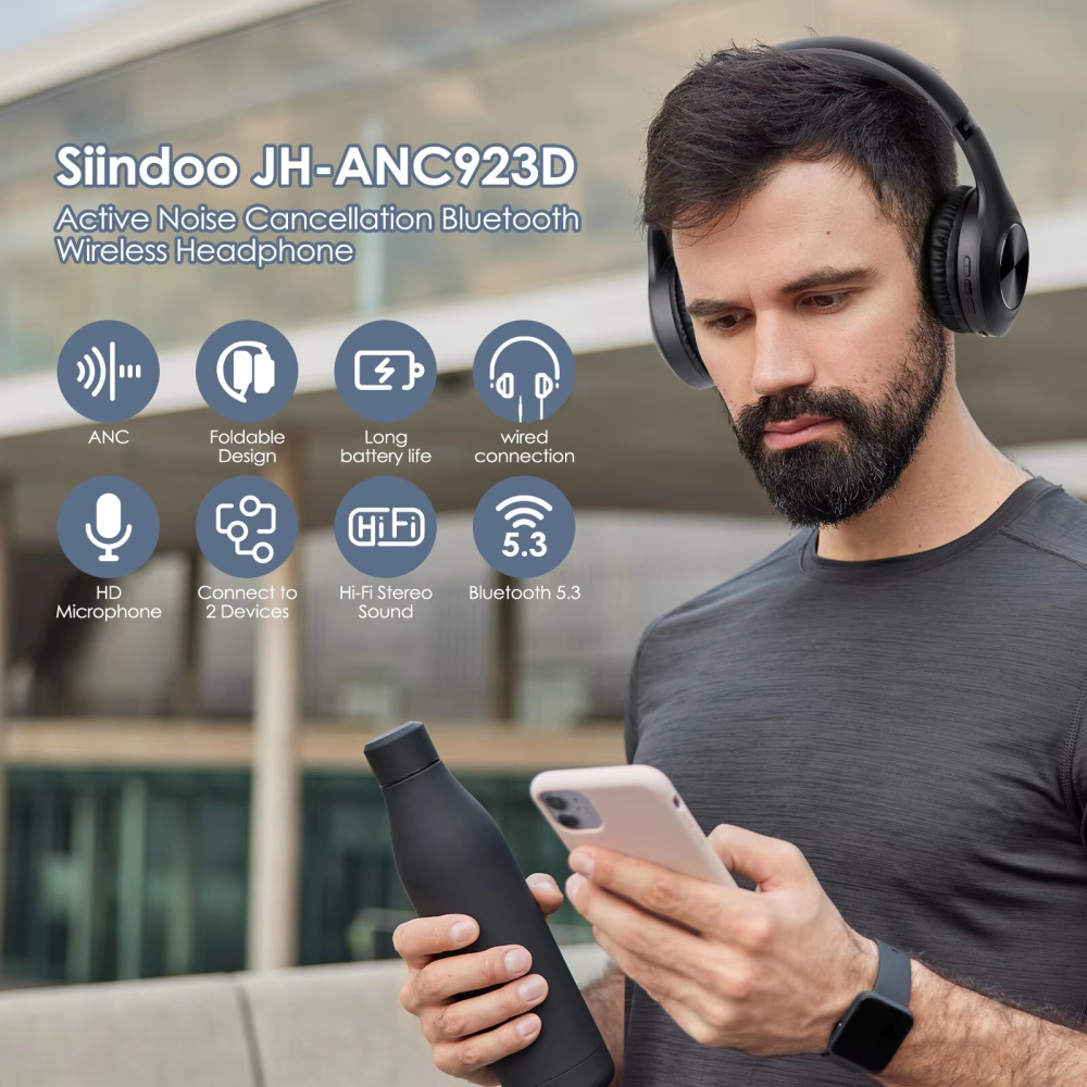 Siindoo ชุดหูฟังไร้สายลดเสียงรบกวนแบบแอกทีฟ JH-ANC923หูฟังบลูทูธครอบหูพับได้พร้อมไมค์ไฮไฟสเตอริโอเบสลึก