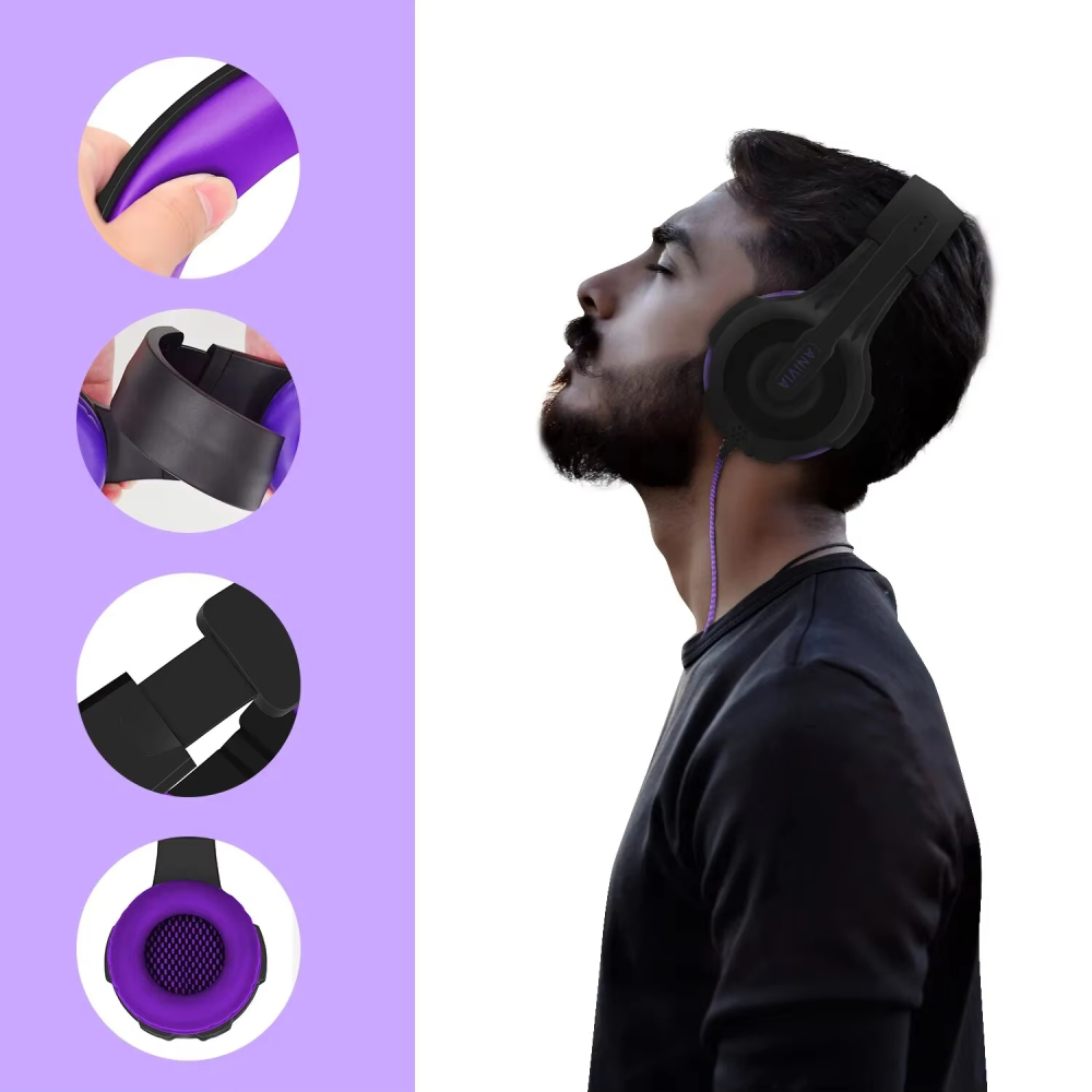 Headphone GAMING แบบมีสายพร้อมไมโครโฟนแยกเสียงรบกวนควบคุมระดับเสียงวิดีโอเกมเพลงดีเจสำหรับพีซี PS4กล่อง PS5 AH68 xivia