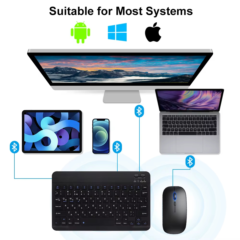แป้นพิมพ์ไร้สายบลูทูธสำหรับ iOS Android Windows แท็บเล็ตสำหรับ iPad Air Mini Pro ภาษาสเปนโปรตุเกสแป้นพิมพ์ภาษารัสเซีย