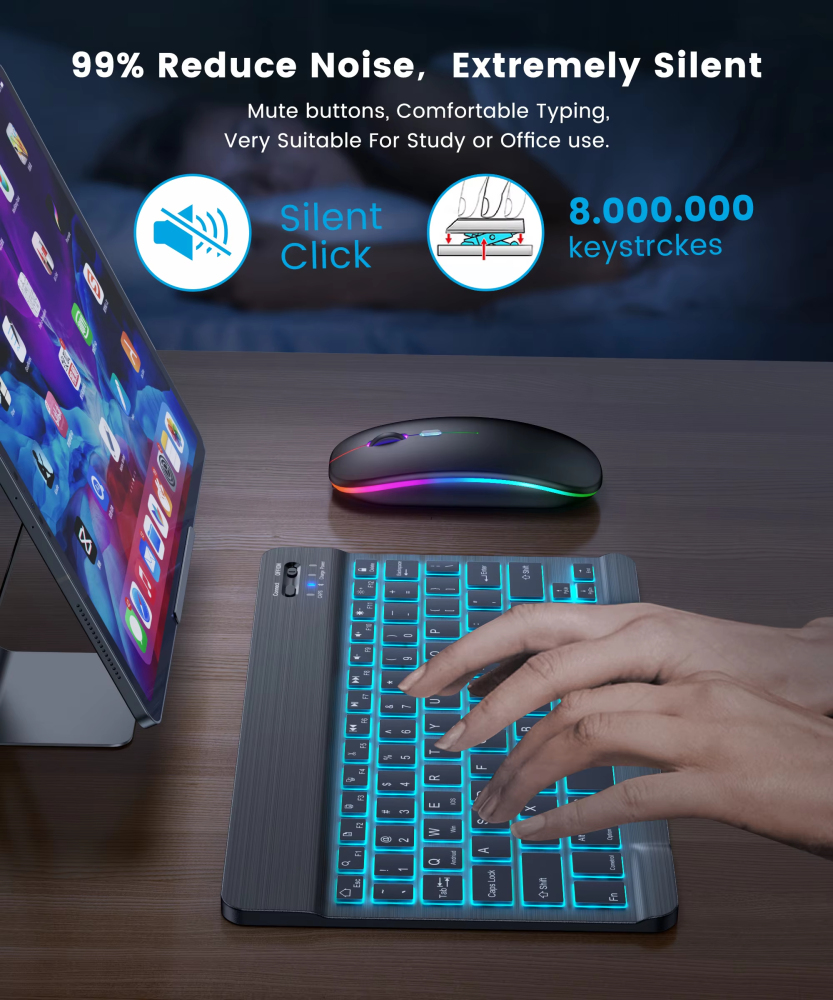 Emtra เมาส์และคีย์บอร์ดบลูทูธแบ็คไลท์สำหรับ iOS Android Windows สำหรับ iPad แป้นพิมพ์โปรตุเกสแป้นพิมพ์และเมาส์ภาษาสเปน