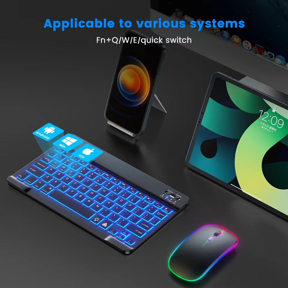 Emtra เมาส์และคีย์บอร์ดบลูทูธแบ็คไลท์สำหรับ iOS Android Windows สำหรับ iPad แป้นพิมพ์โปรตุเกสแป้นพิมพ์และเมาส์ภาษาสเปน