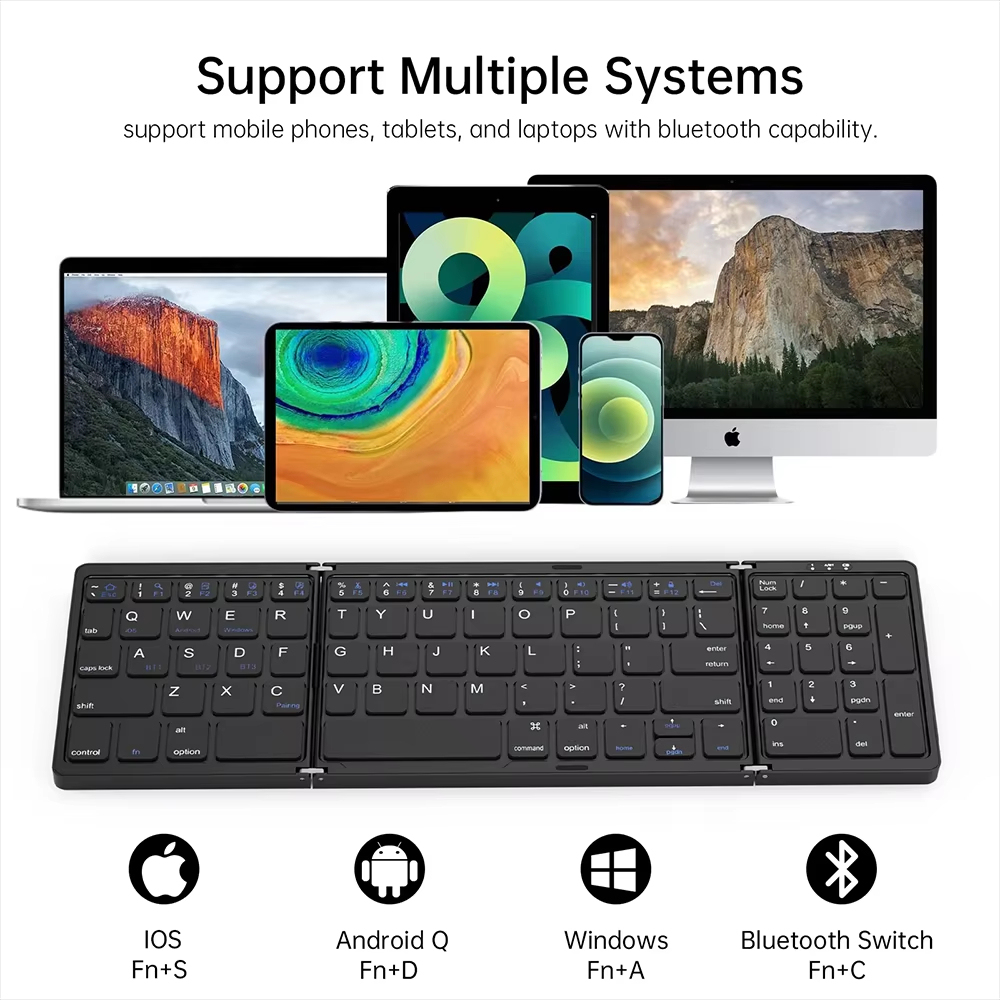 คีย์บอร์ดบลูทูธไร้สายพับได้คีย์บอร์ดพับได้คีย์บอร์ดแบบชาร์จไฟได้สำหรับ iPad มือถือแท็บเล็ตโน๊ตบุ๊คสำนักงานคีย์บอร์ดไร้สายขนาดเล็ก