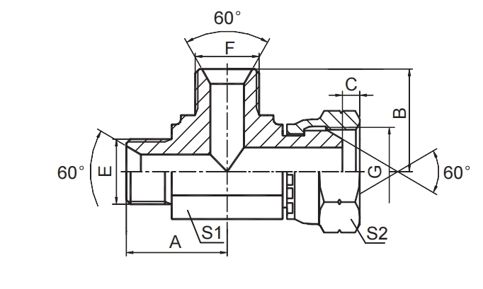 BSP MALE 60° SEAT / BSP  FEMALE 60° CONE RUN TEE