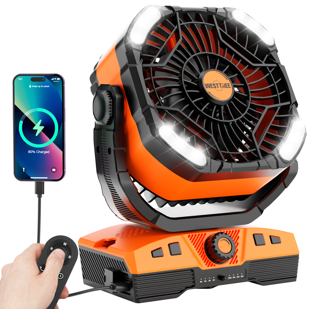 20000mAh Portable Rechargeable Camping Fan - Oscillating, Battery Operated, 270 Pivot, Stepless Speed, USB Desk & Outdoor Fan